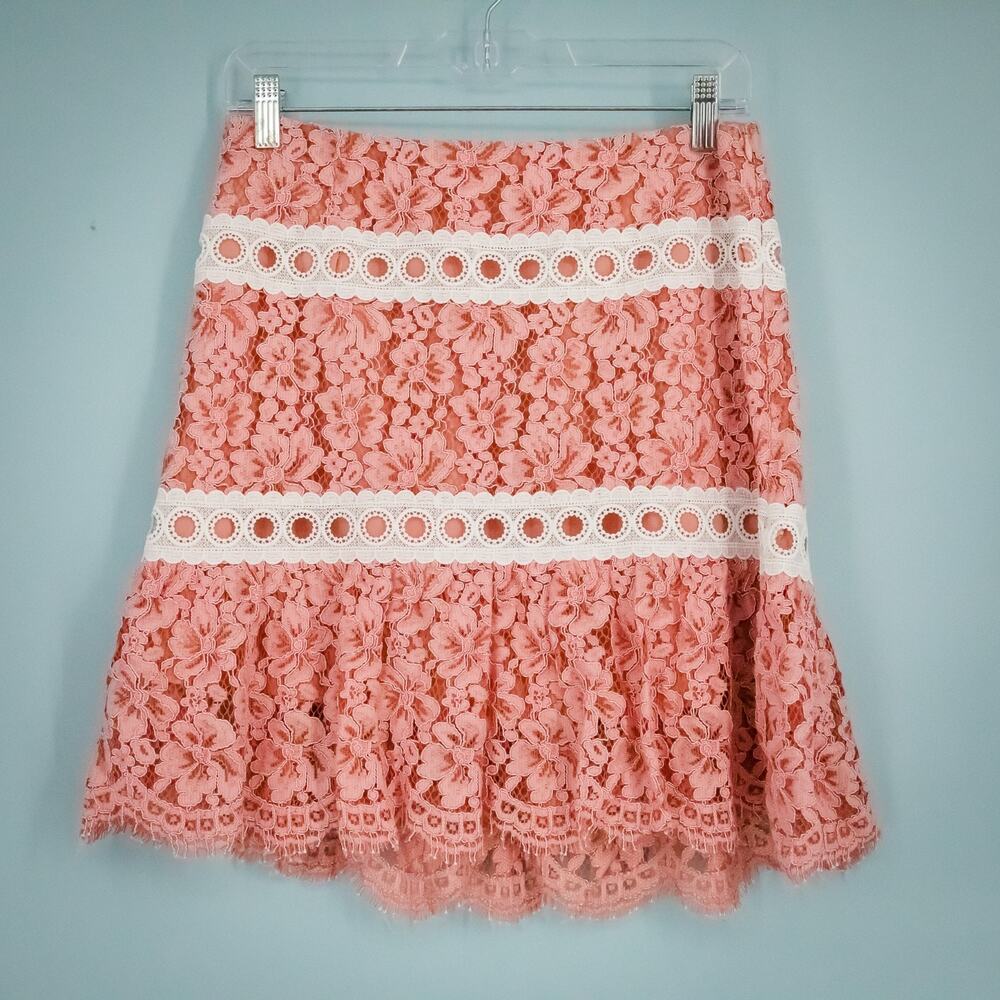 Sandro Paris 3 Size 8 US Pink Devon Floral Lace Ivory Banded Trim Mini Skirt